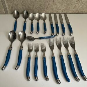 Vintage French Home Laguiole Set with Blue Handles Silver Tip 19 Assorted Pieces